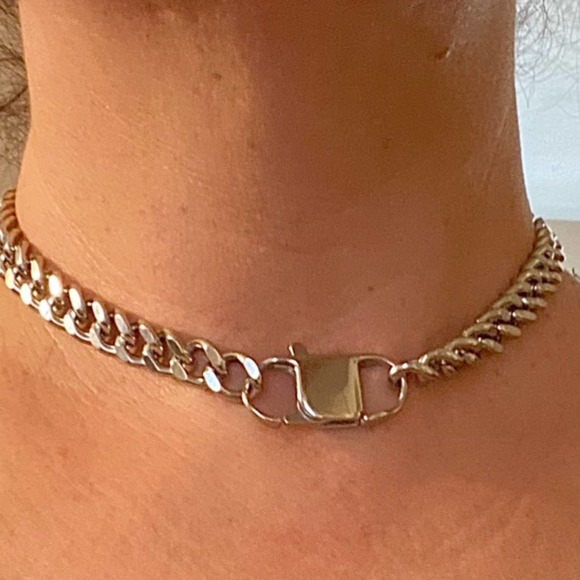 Silver Statement Cuban Chain Link Miami Safety Pin Choker Necklace - Picture 4 of 5